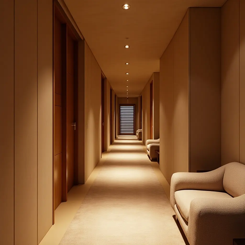 a photo of a cozy corridor featuring soft textiles and ambient lighting