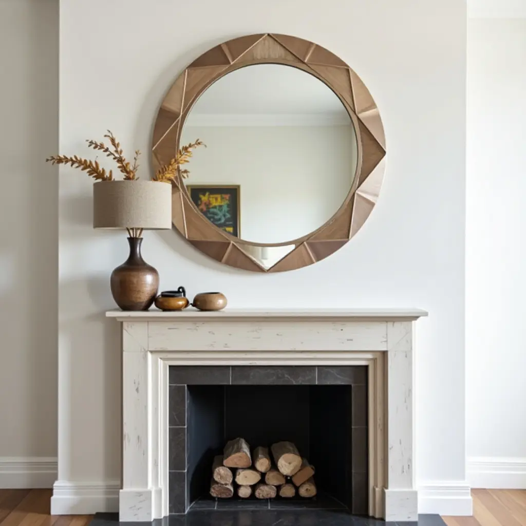 a photo of a contemporary mantel featuring a geometric mirror and abstract art