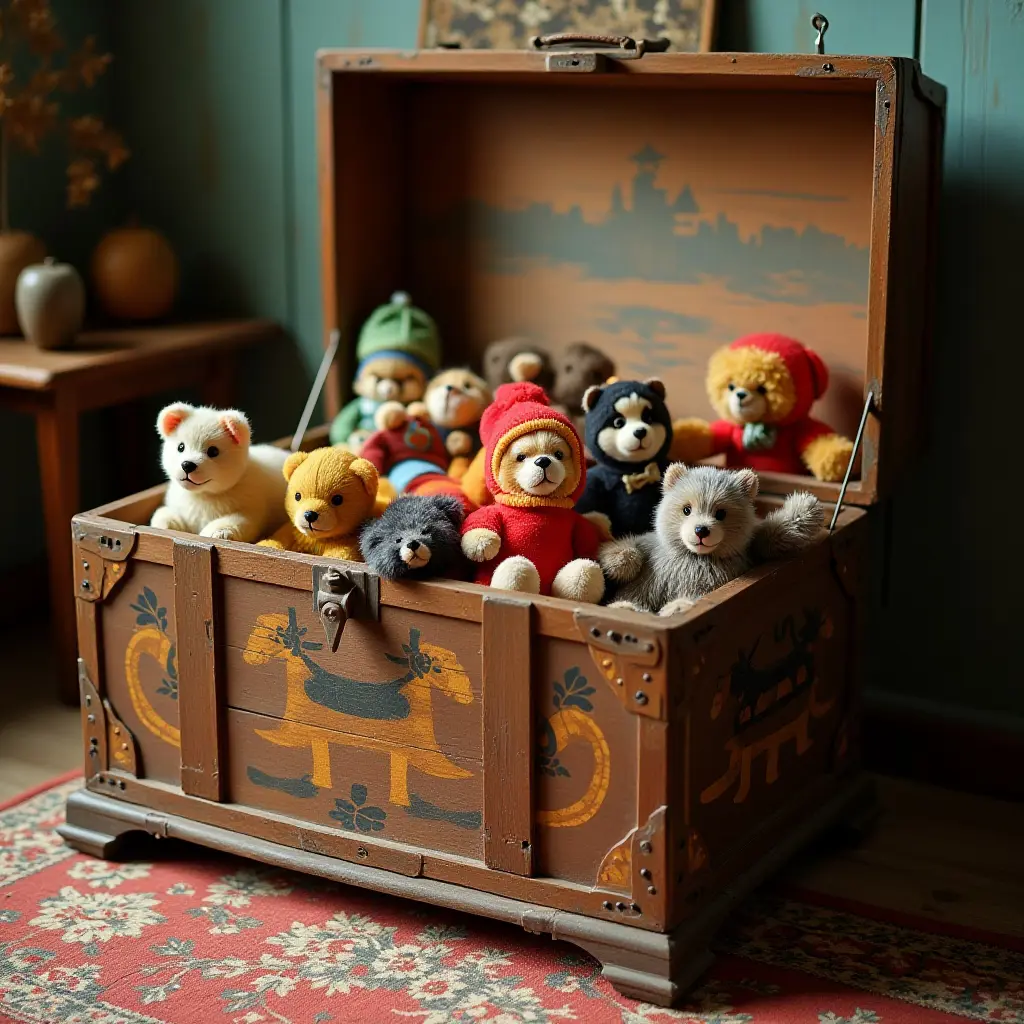 a photo of a vintage toy chest overflowing with classic toys