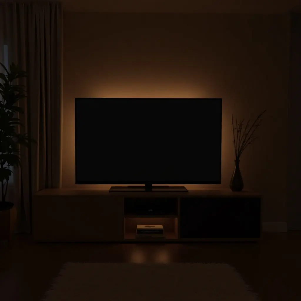 a photo of a corner living room with a sleek TV and soft ambient lighting