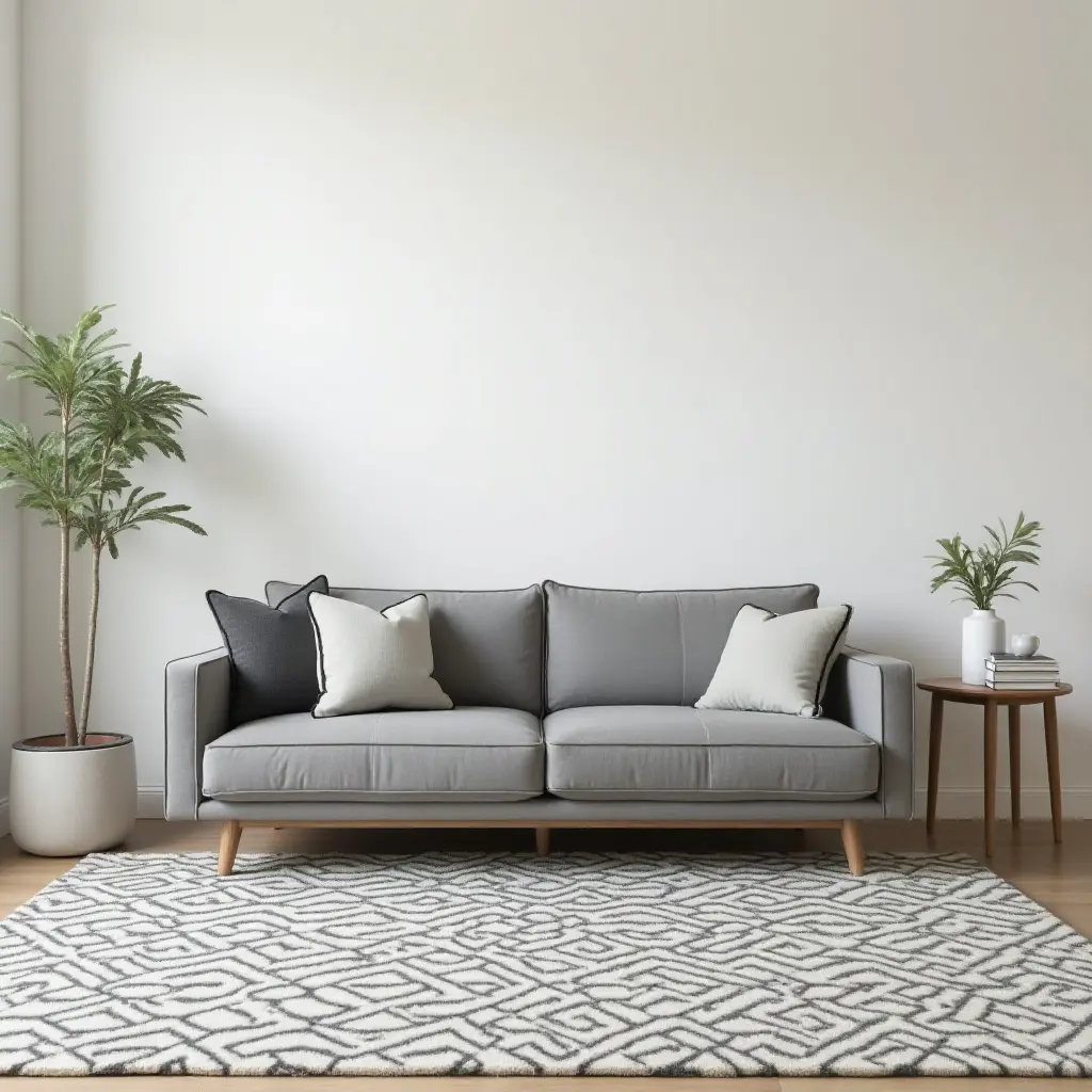a photo of a grey sofa with a geometric patterned rug and modern side tables