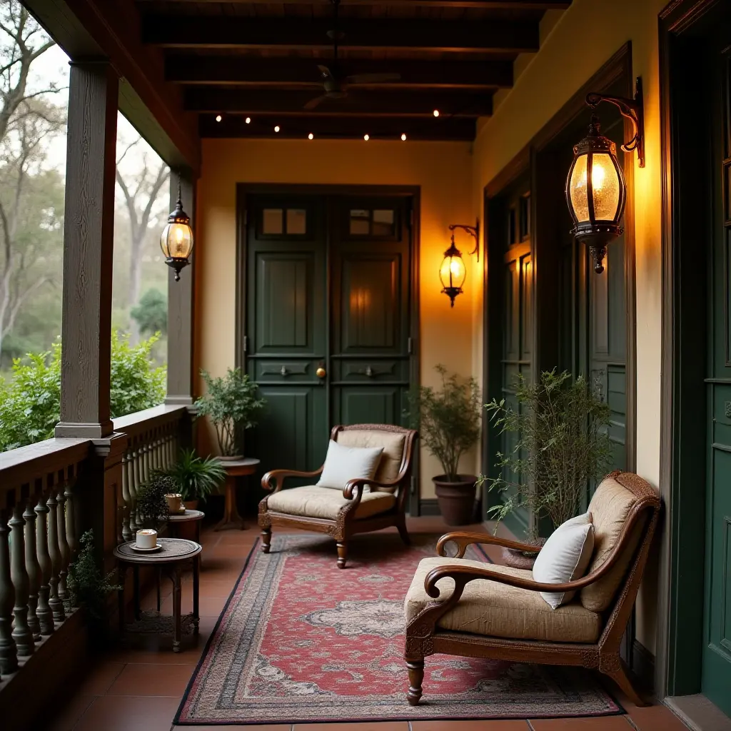 a photo of a balcony adorned with vintage lanterns and rustic furniture