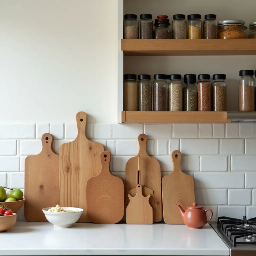 a photo of a kitchen with a wooden spice rack and vintage cutting boards