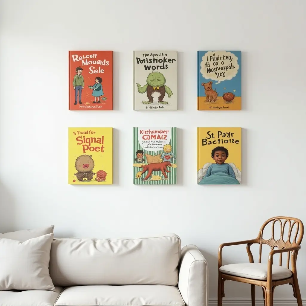 a photo of a gallery wall showcasing a collection of children's books