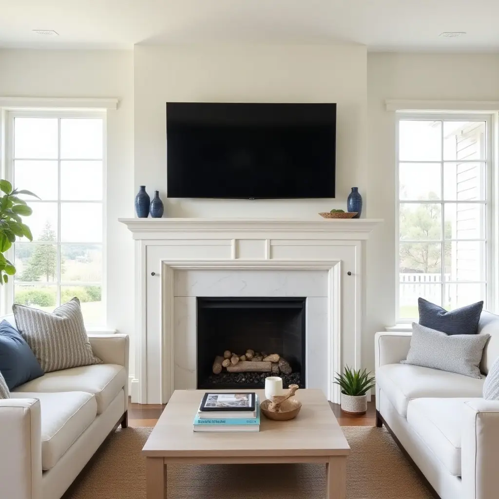a photo of a coastal-themed living room with a TV above a whitewashed fireplace mantel