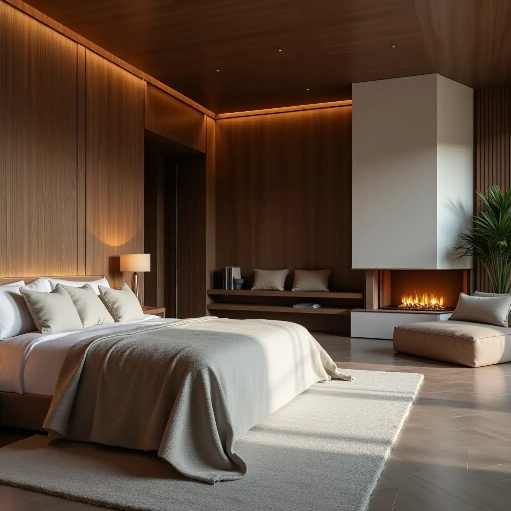 a photo of a luxurious bedroom with a fireplace and plush seating area