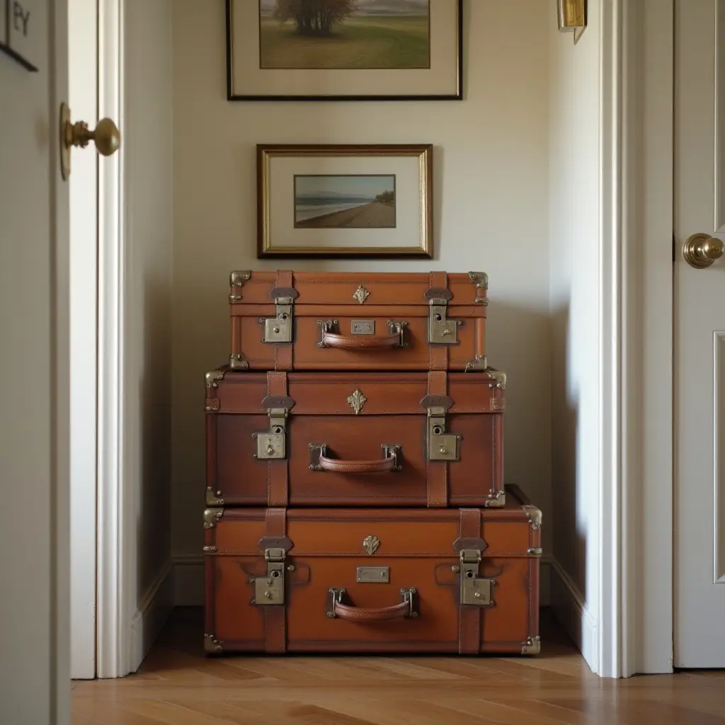 a photo of a vintage suitcase stacked on a hallway shelf