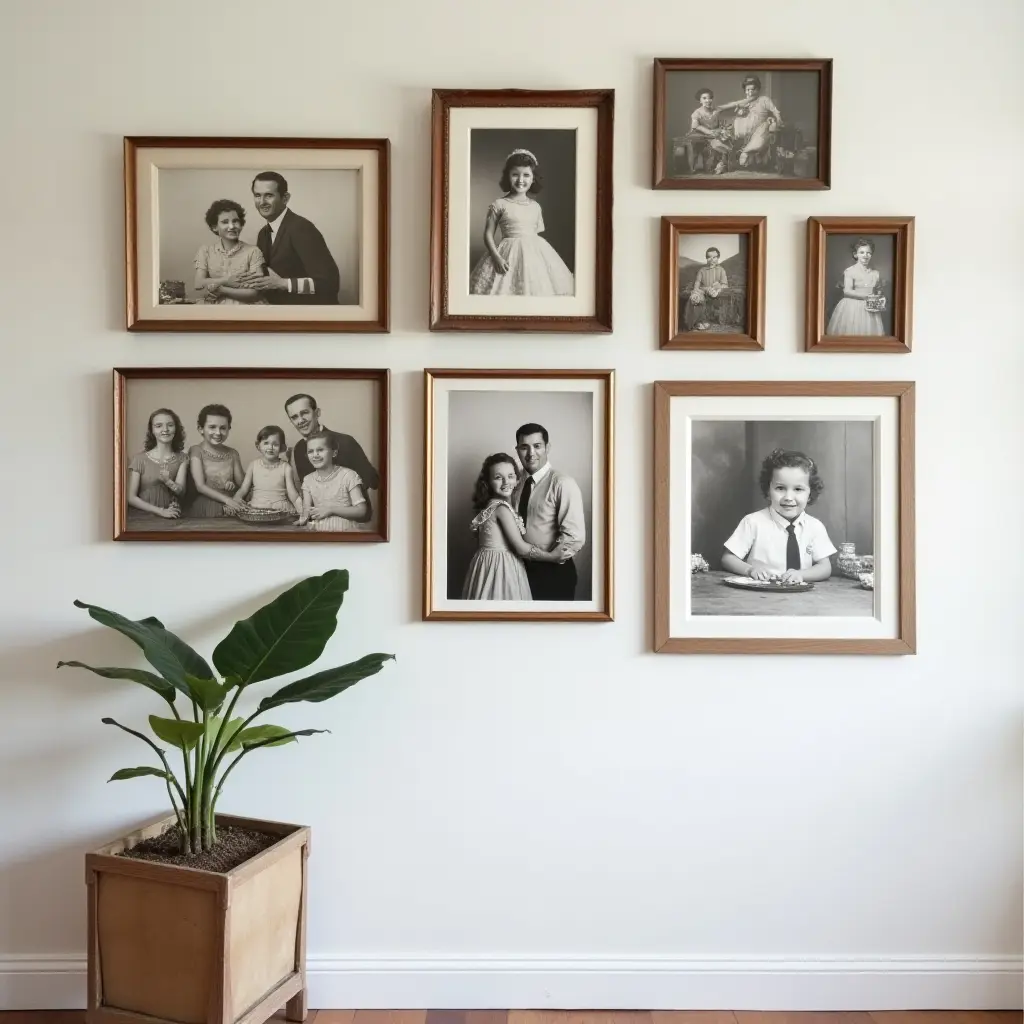 a photo of a gallery wall filled with vintage frames and family photos
