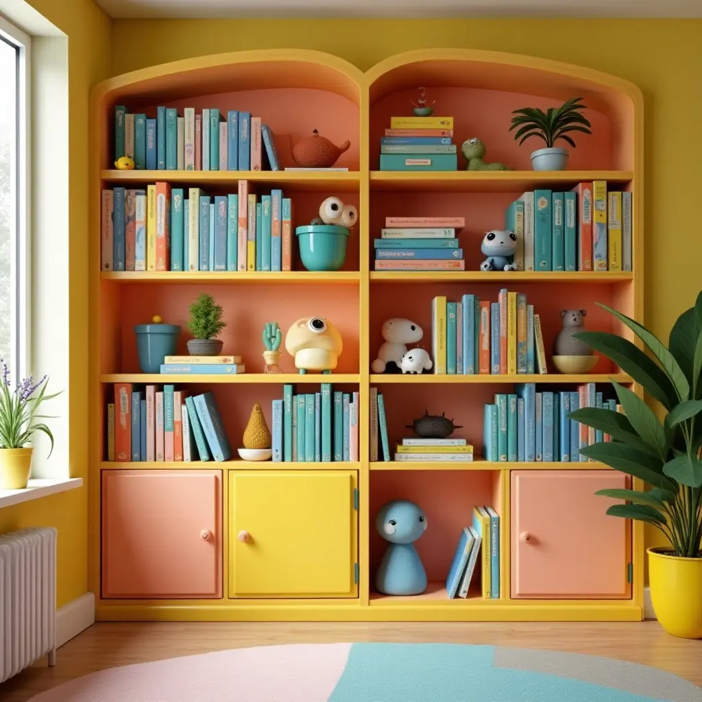 a photo of a children's bookshelf filled with playful decor and bright colors