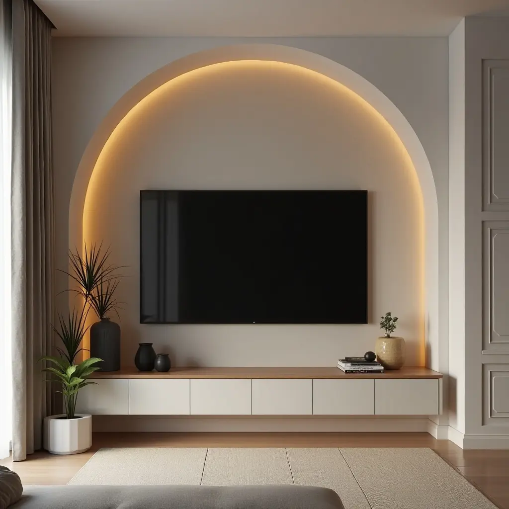 a photo of a corner TV framed by a unique archway and modern decor