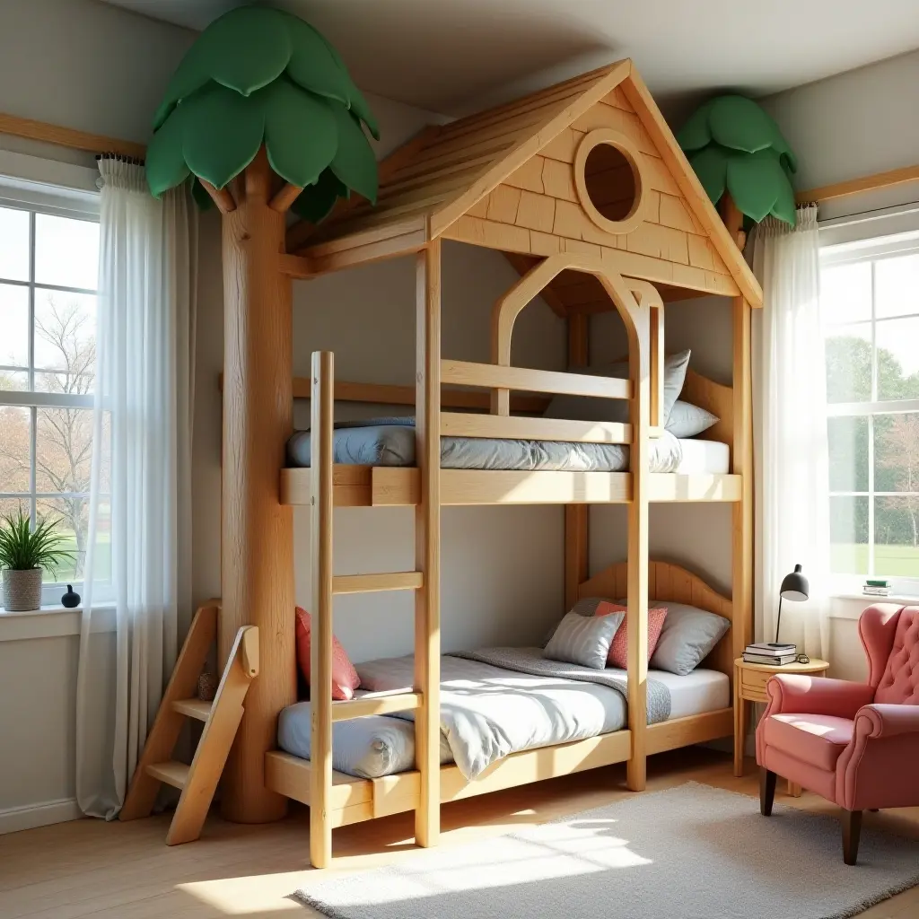 a photo of a whimsical treehouse bunk bed in a child's room