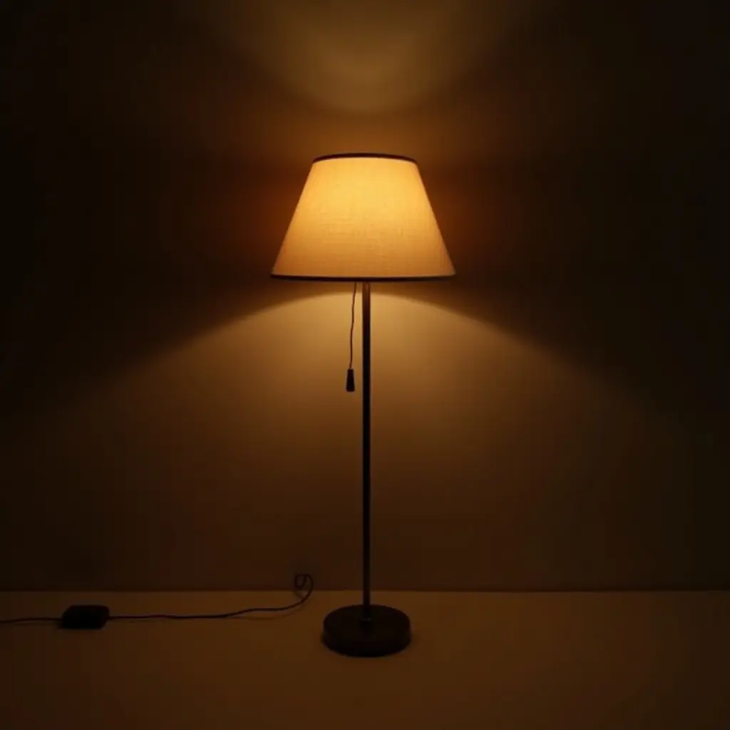 a photo of a stylish floor lamp casting warm, moody light