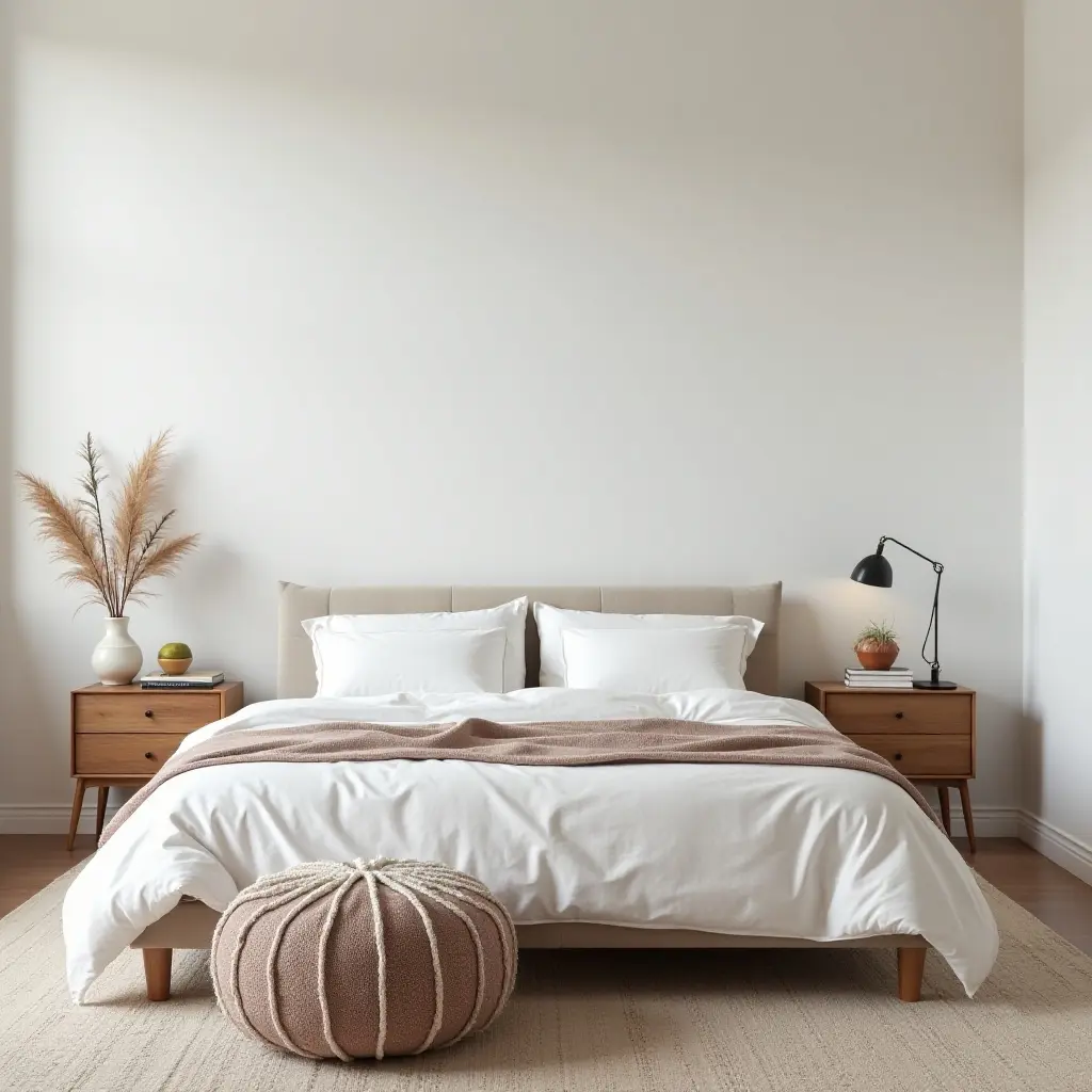 a photo of a minimalist bedroom featuring a bohemian-style pouf